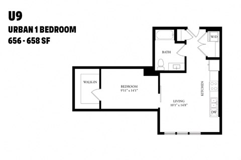 Floor plan for 1 bed, 1 bath, 658 sqft